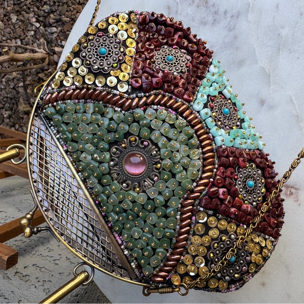 Vintage Handmade 1920s Style Beaded Stone Brass Kisslock Chain Shoulder Bag - Picture 3 of 12